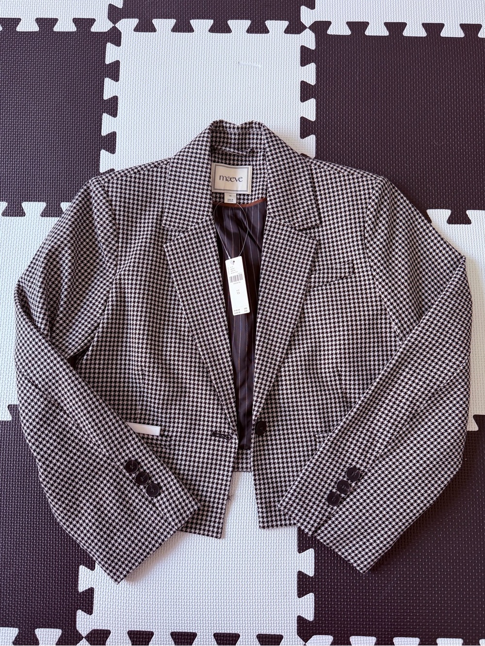 Maeve Black and White Houndstooth Cropped Blazer